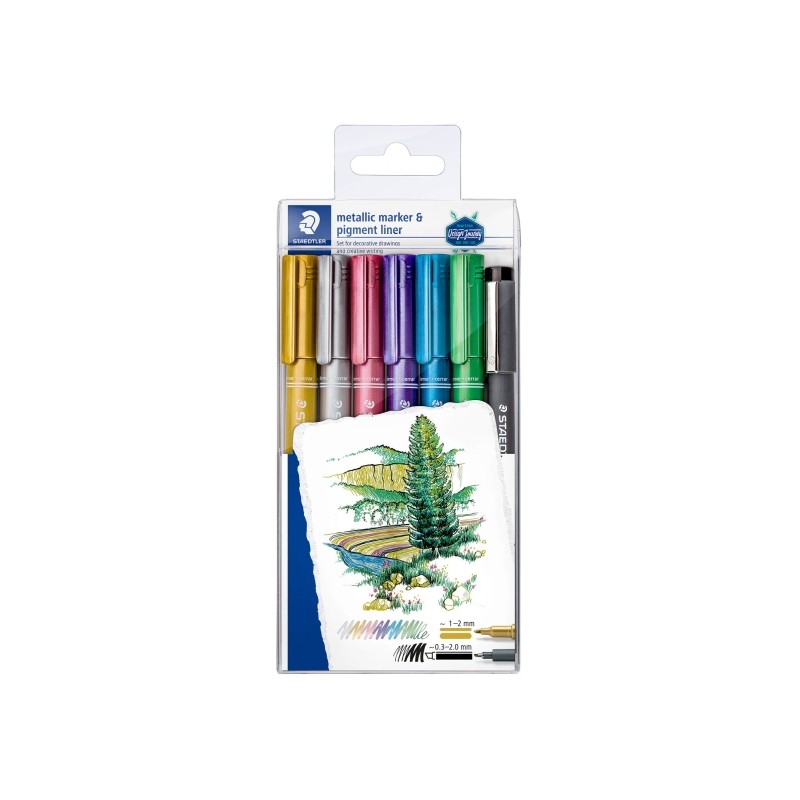 Staedtler Metallic Pen - Confezione da 6 pennarelli a punta fine. spessore tratto 1 - 2 mm + pennarello Pigment Liner. s