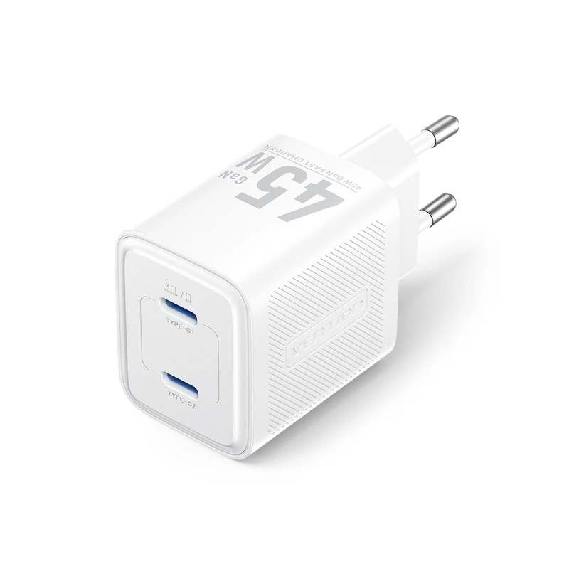 Caricabatterie da muro Vention - 45 W - GaN - 2xUSB-C - Power Delivery 3.0 - Qualcomm 3.0 - Colore: bianco