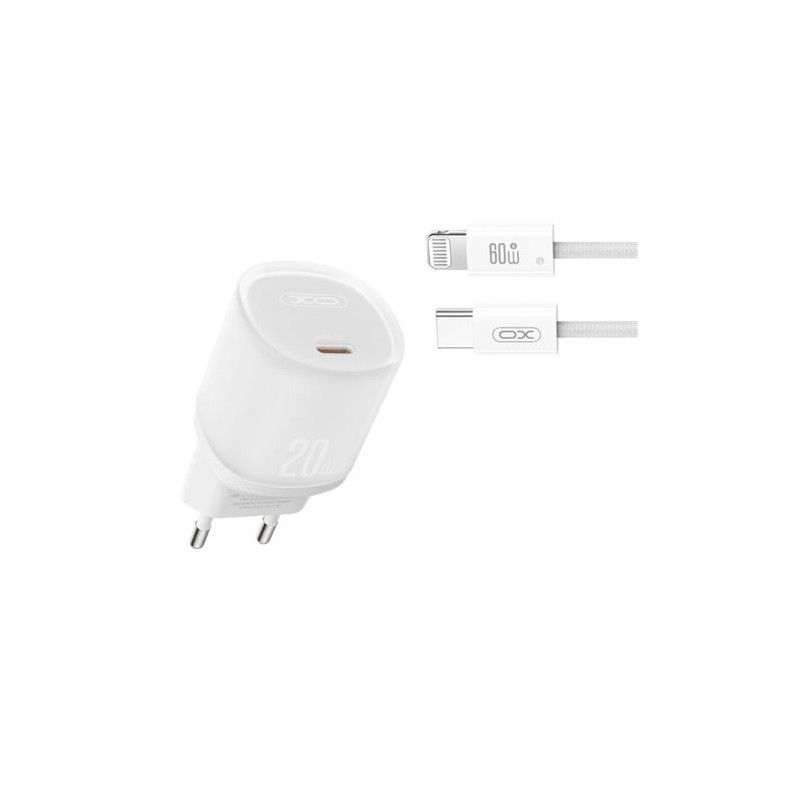 XO L143 Caricabatterie da 20 W - USB-C - PD 3.0 e QC 3.0 - Cavo USB-C-Lightning incluso - Colore: bianco
