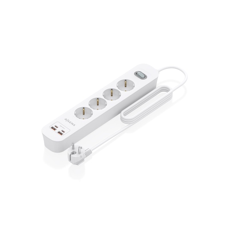 Aisens Multipresa con 4 prese Schuko - 2xUSB-C - 2xUSB-A - Cavo da 1.4 m - Interruttore con indicatore LED - Power Deliv