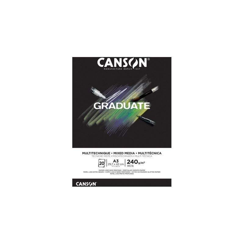 Canson Graduate Mix Media Bloc incollato da 20 fogli A3 - 240 g - Grana fine - Colore nero