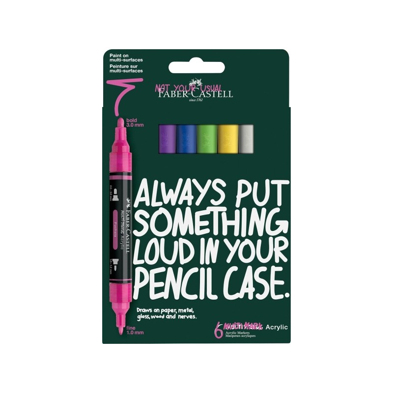 Faber-Castell Multimark Acrylic Pack con 6 pennarelli acrilici a doppia punta - Punte rotonde da 1 mm e 3 mm - Inchiostr