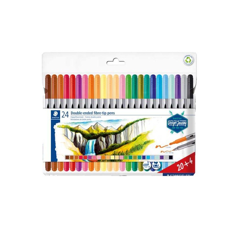 Staedtler 3200 Confezione da 24 pennarelli a doppia punta - Resistenti alla pressione - Colori assortiti