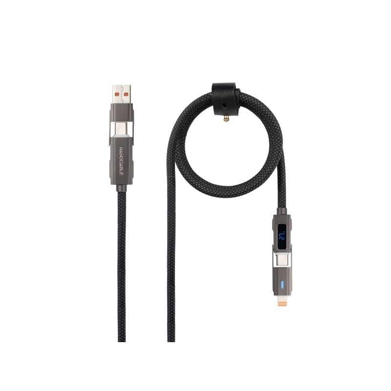 Cavo USB-C 4 in 1 Nanocable - Supporta fino a 27 W - Lunghezza 1 m - Adattatore USB-A e Lightning integrato - Display di