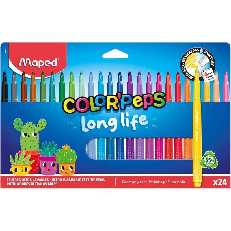 Maped Color`Peps Longlife. confezione da 24 pennarelli con punta media bloccata da 3.7 mm - Inchiostro lavabile - Colori