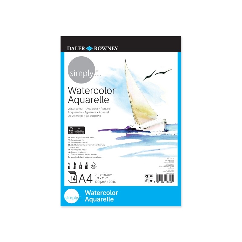 Daler Rowney Simply Bloc Blocco incollato per acquerello - A4 - 190 g - 14 fogli - Colore bianco
