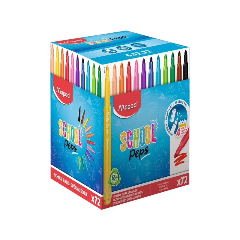 Maped Color`Peps Longlife School Pack da 72 pennarelli con punta media bloccata da 3.7 mm - Inchiostro lavabile - Colori