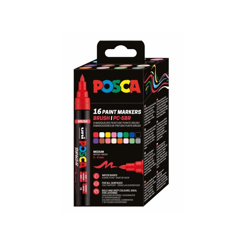 Posca PC-5BR Confezione da 16 pennarelli a vernice - Punta a pennello 1-4 mm - Inchiostro a base d'acqua - Resistente al