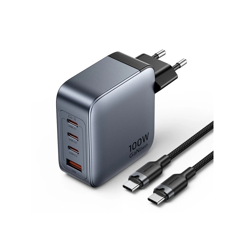 Caricabatterie da parete Vention - 100 W - GaN - Cavo da 1 m incluso - 3 porte USB-C - USB-A - Ricarica rapida - Colore: