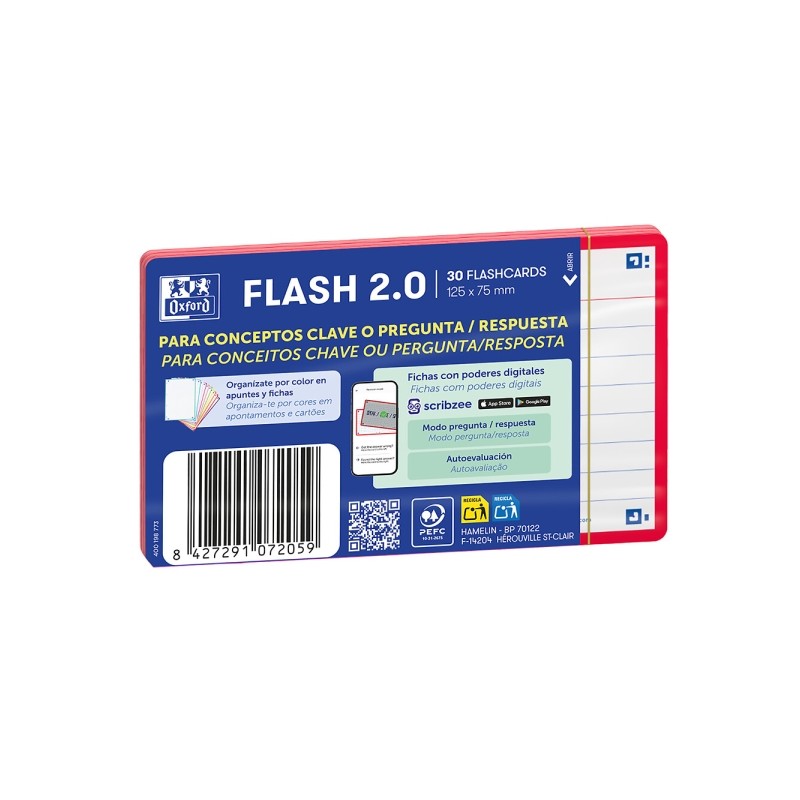 Oxford Confezione da 30 FlashCards 2.0 - Formato A7 - Righe orizzontali a 1 riga - Cartoncino da 250 g - Digitalizzazion