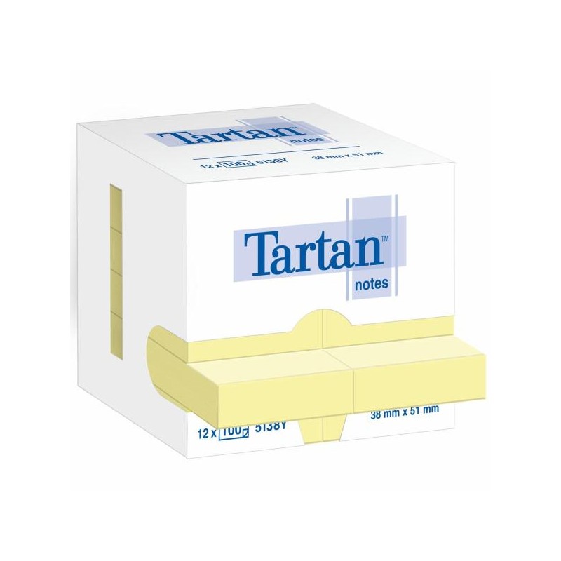 Confezione Tartan da 12 blocchetti da 100 post-it riposizionabili 51x38 mm - 100% PEFC - Colore giallo chiaro