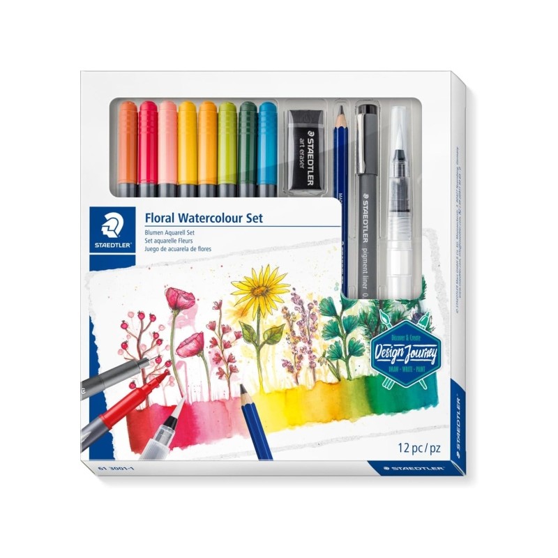 Set Staedtler Floral Watercolour Design Journey Pack con 8 pennarelli acquerellabili a doppia punta in colori assortiti.