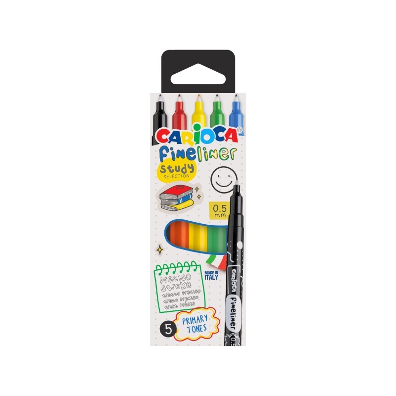 Carioca Fineliner Study Pack da 5 pennarelli - Punta bianca in acetalica da 0.5 mm - Colori assortiti