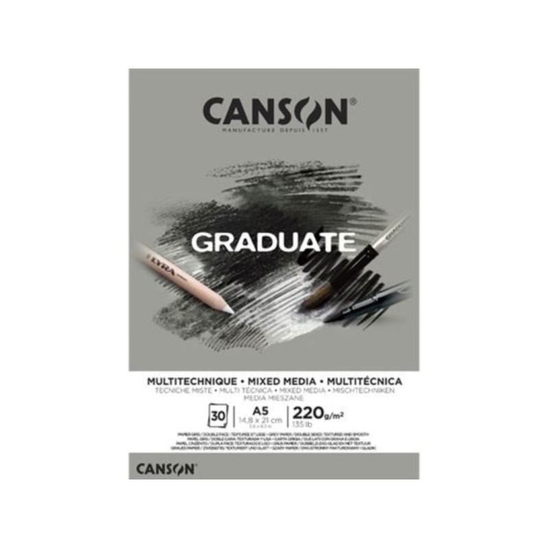 Canson Graduate Mix Media Bloc incollato. 30 fogli. formato A5 - 220 g - grana fine - colore grigio