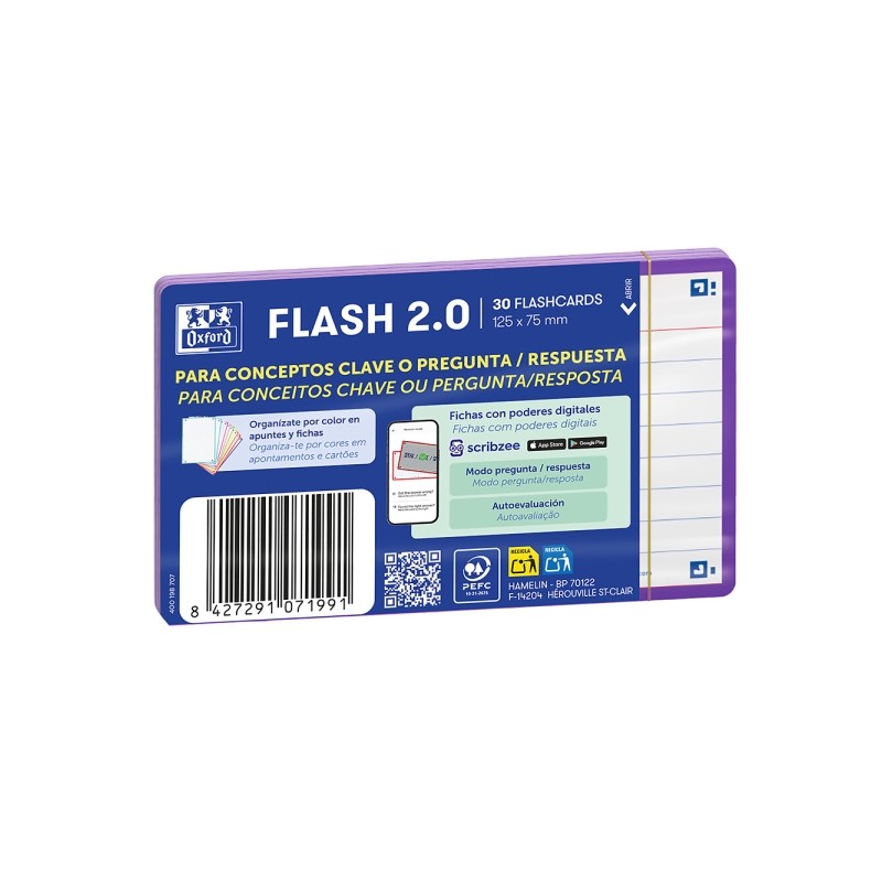 Oxford Confezione da 30 FlashCards 2.0 - Formato A7 - Righe orizzontali a 1 riga - Cartoncino da 250 g - Digitalizzazion