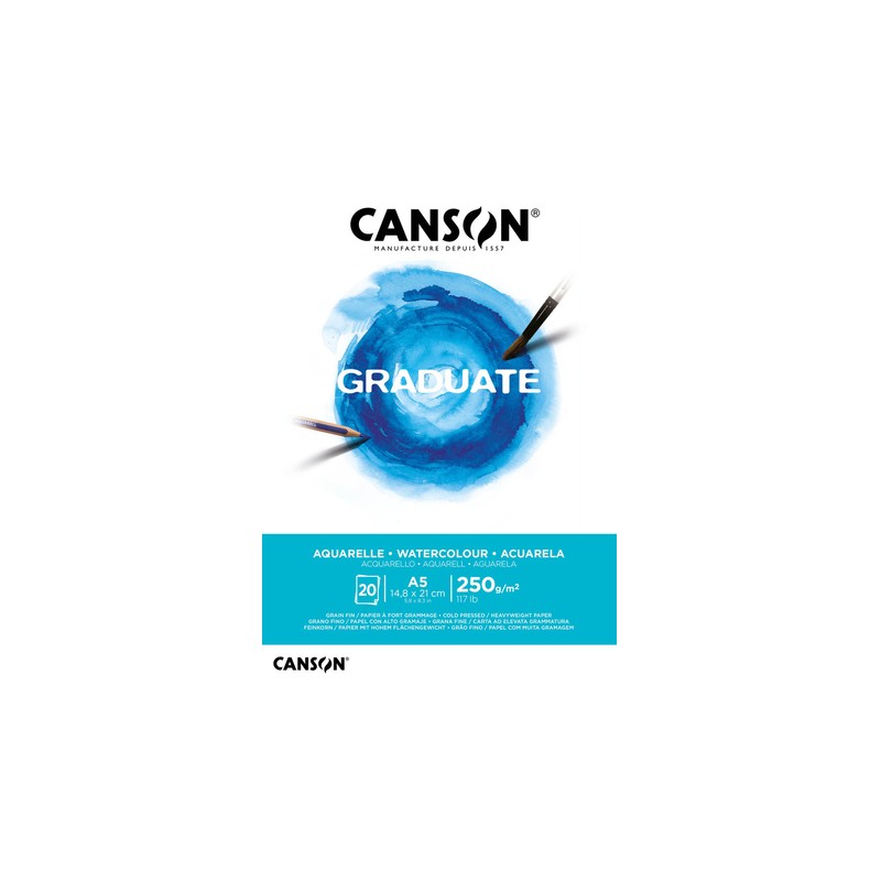 Blocco per acquerello Canson Graduate con 20 fogli incollati. formato A5 - 250 g - grana fine - colore bianco