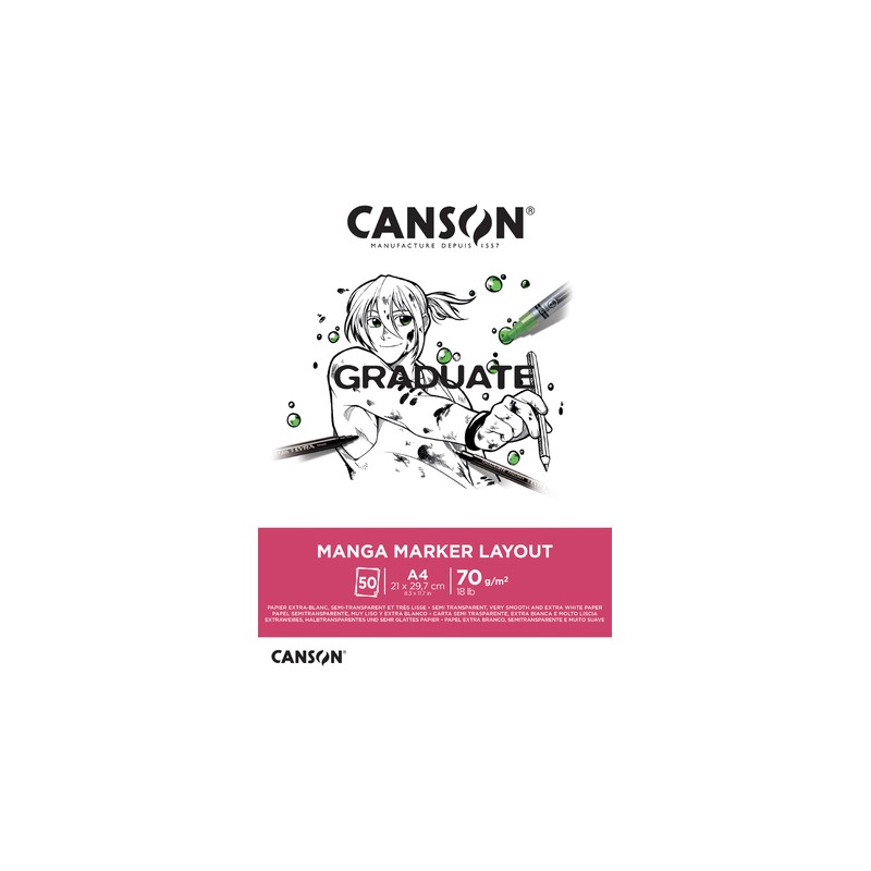 Blocco Canson Graduate Manga Layout incollato da 20 fogli A4 - 70 g - Extra liscio - Colore bianco