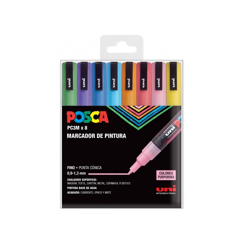 Posca PC3ML Confezione da 8 pennarelli a vernice - Punta conica 0.9-1.3 mm - Inchiostro a base d'acqua - Resistente alla