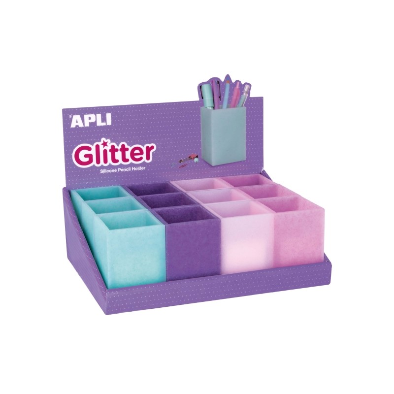 Apli Nordik Espositore con 12 portamatite in silicone con glitter. di forma quadrata - Dimensioni 70x70x95 mm - Colori g