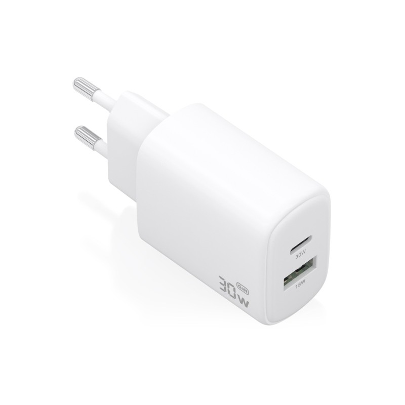 Caricabatterie Aisens GaN da 30 W - 1xUSB-C PD3.0 QC4.0 - 1xUSB-A QC3.0 - Tecnologia AI - Colore bianco