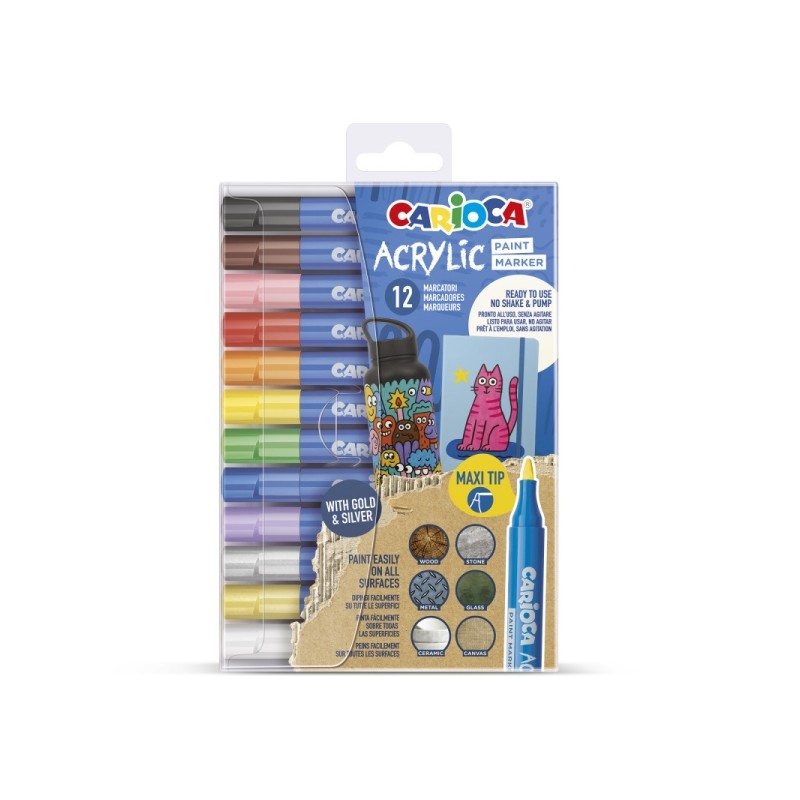 Carioca Acrylic - Confezione da 12 pennarelli acrilici - Punta Maxi - Inchiostro a base d'acqua - Elevata coprenza - Col