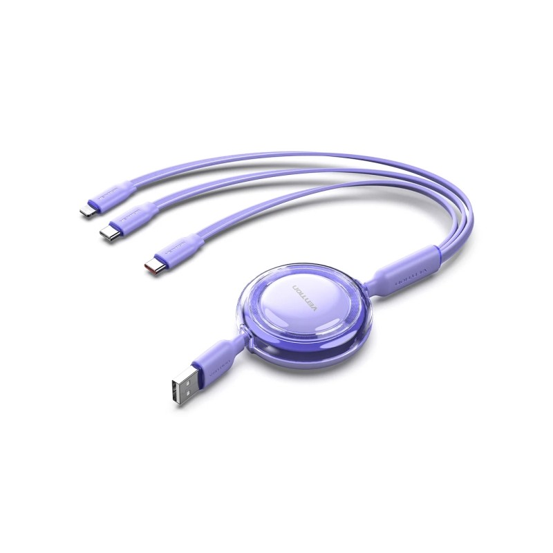 Cavo USB multiplo Vention - Lunghezza regolabile fino a 1.1 m - Retrattile - USB-A - 2xUSB-C - Lightning - Velocità fin