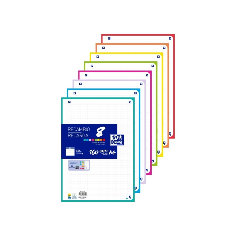 Ricarica Oxford da 160 fogli con 4 fori - Formato A4 - Griglia 5x5 incorniciata - Anti-trasferimento dell'inchiostro - D