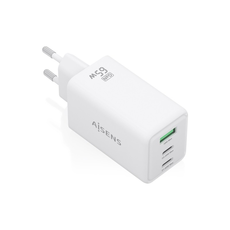 Caricabatterie Aisens GAN 65W - 2 porte USB-C PD3.0 QC4.0 e 1 porta USB-A QC3.0 - Colore: bianco