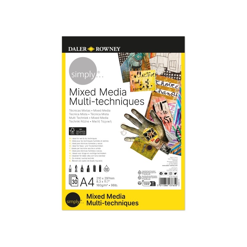 Daler Rowney Simply Bloc con colla per tecniche miste - A4 - 160 g - 30 fogli - Colore bianco