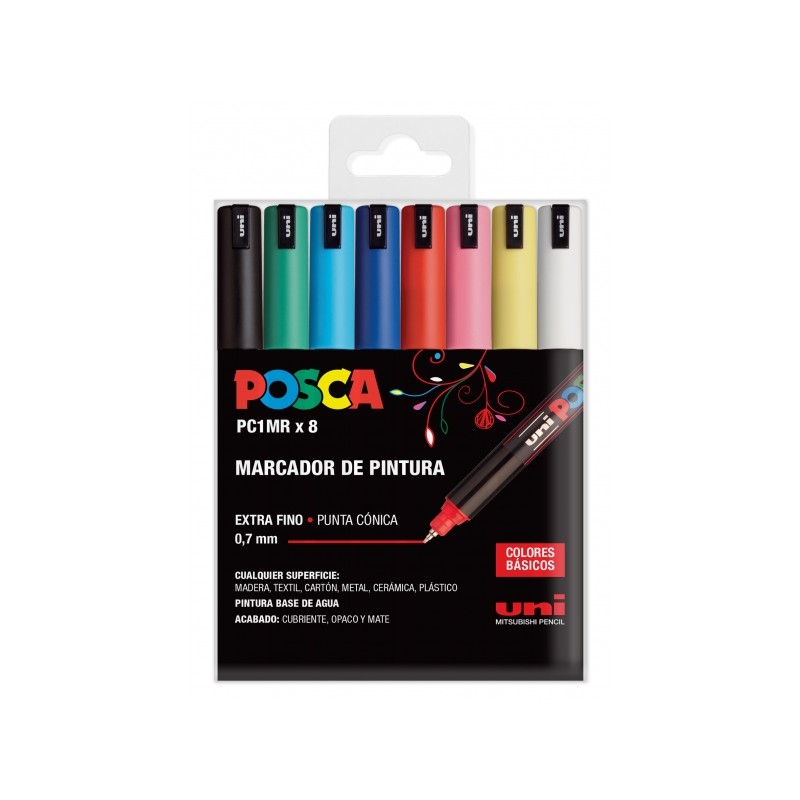 Posca PC1MR Confezione da 8 pennarelli a vernice - Punta a rullo in fibra da 0.7 mm - Inchiostro a base di pigmenti e ac