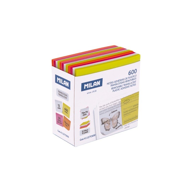 Milan Fluo Confezione da 600 post-it - Traslucidi - Rimovibili - 76x76 mm - Colori assortiti