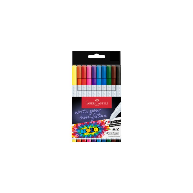 Faber-Castell Bold Pack con 10 pennarelli colorati con impugnatura antiscivolo - Punta larga - Spessore del tratto 1 mm 