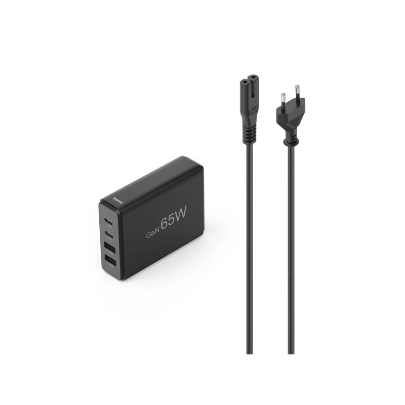 Hama Stazione di ricarica USB - Potenza 65 W - 2 porte USB-C - Cavo da 1.5 cm - Power Delivery - Qualcomm - GaN - Colore