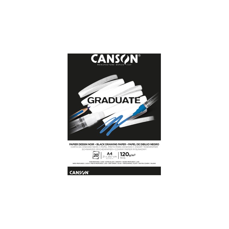 Canson Graduate Black Bloc incollato. 20 fogli A4 - 120 g - grana fine - colore nero