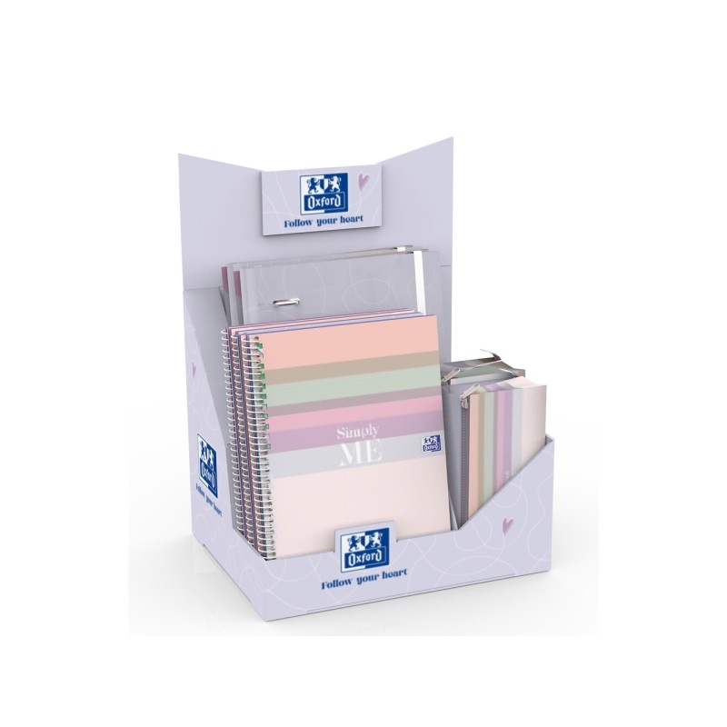 Espositore Oxford Cute con 13 articoli - 4 raccoglitori ad anelli A4+ - 5 quaderni a spirale A5+ - 4 astucci triangolari