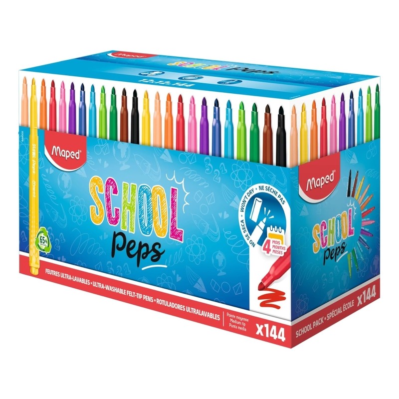 Maped Color`Peps Longlife School Pack da 144 pennarelli con punta media bloccata da 3.7 mm - Inchiostro lavabile - Color