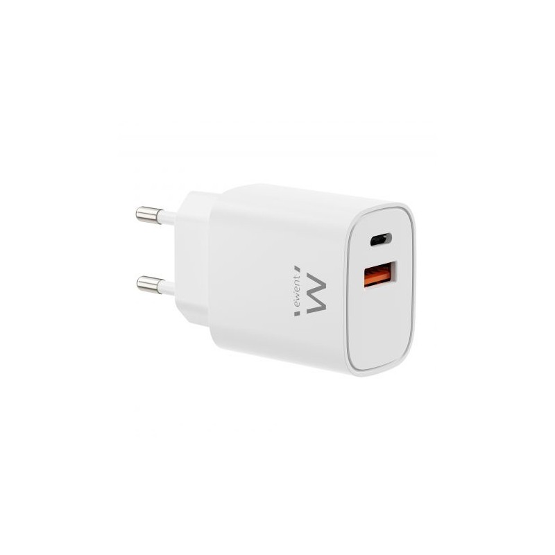 Ewent EW1326 Caricabatterie GaN da 30 W - 1xUSB-C PD3.0 QC3.0 - 1xUSB-A QC3.0 - Colore: bianco