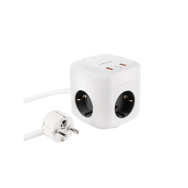Cavo con 3 prese Schuko + 2 porte USB-A e 1 porta USB-C con interruttore - Tecnologia GaN. PPS e PD 20W - Cavo da 1.40 m