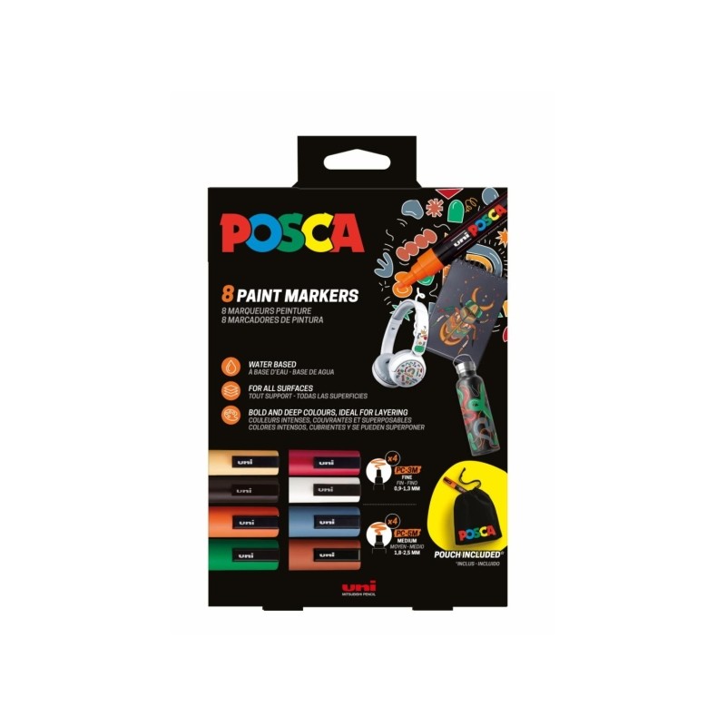 Posca Edizione Limitata - Confezione da 4 pennarelli PC5M + 4 pennarelli PC3M + borsa in tessuto in omaggio - Punta arro