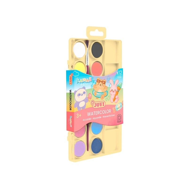 Jovi Kawaii Confezione da 12 acquerelli in pastiglia da 22 mm + pennello - Facilmente miscelabili - Colori kawaii assort