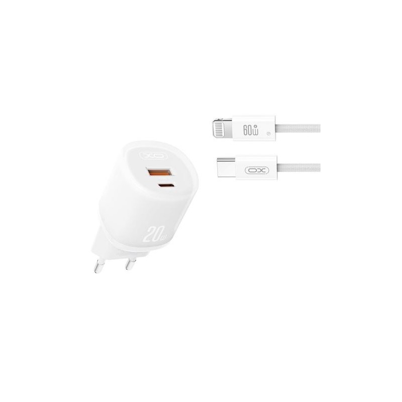 XO L144 Caricabatterie da 20 W - USB-A e USB-C - PD 3.0 - Cavo da USB-C a Lightning incluso - Colore: bianco