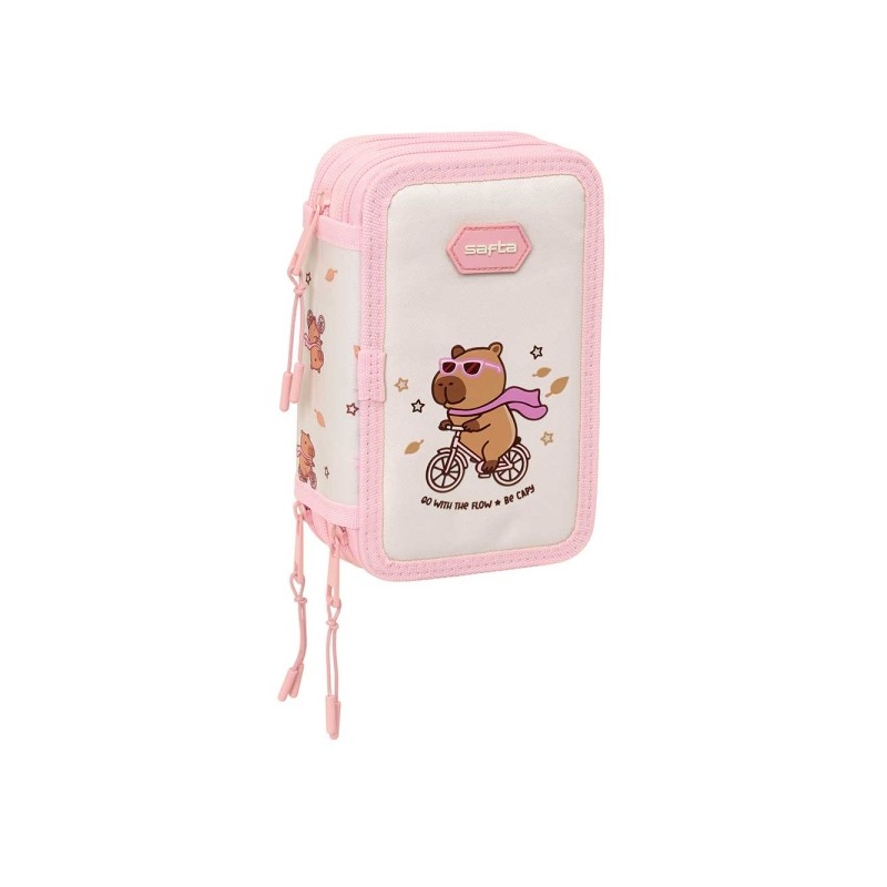 Safta Capibara Astuccio a 3 ripiani - 37 pezzi - Gomma - Matita - 2 penne a sfera - Temperamatite - 2 righelli - 16 mati