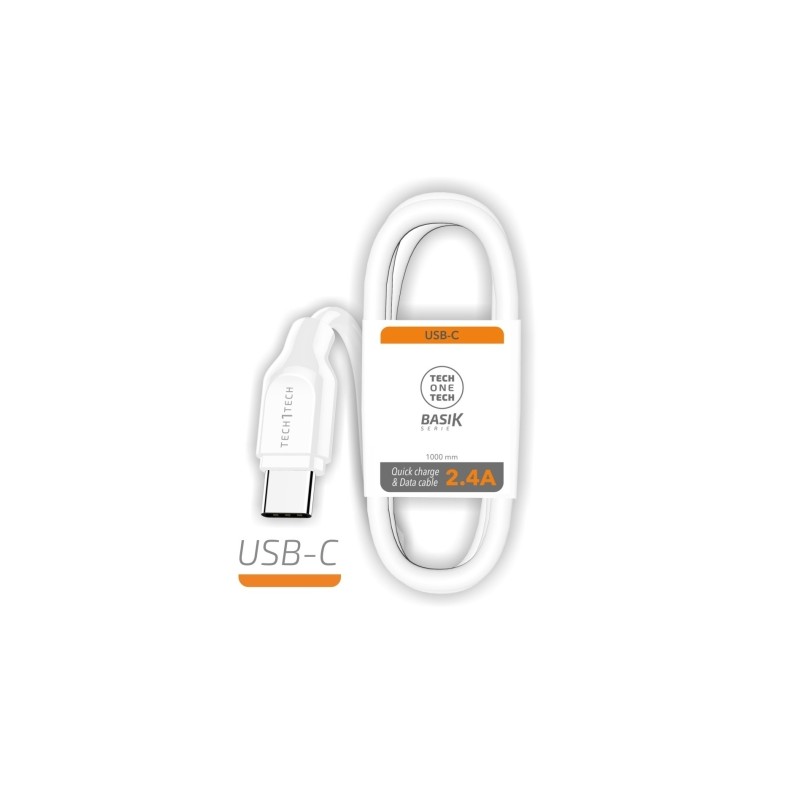 TechOneTech Cavo BASIK da USB-A maschio a USB-C maschio. 1 m - Rivestito in nylon intrecciato bianco