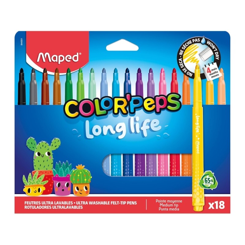 Maped Color'Peps Longlife. confezione da 18 pennarelli con punta media bloccata da 3.7 mm - Inchiostro lavabile - Colori