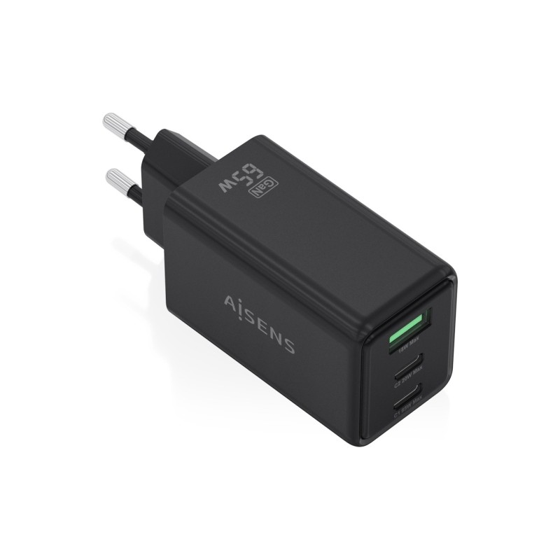 Caricabatterie Aisens GAN 65W - 2 porte USB-C PD3.0 QC4.0 e 1 porta USB-A QC3.0 - Colore: nero