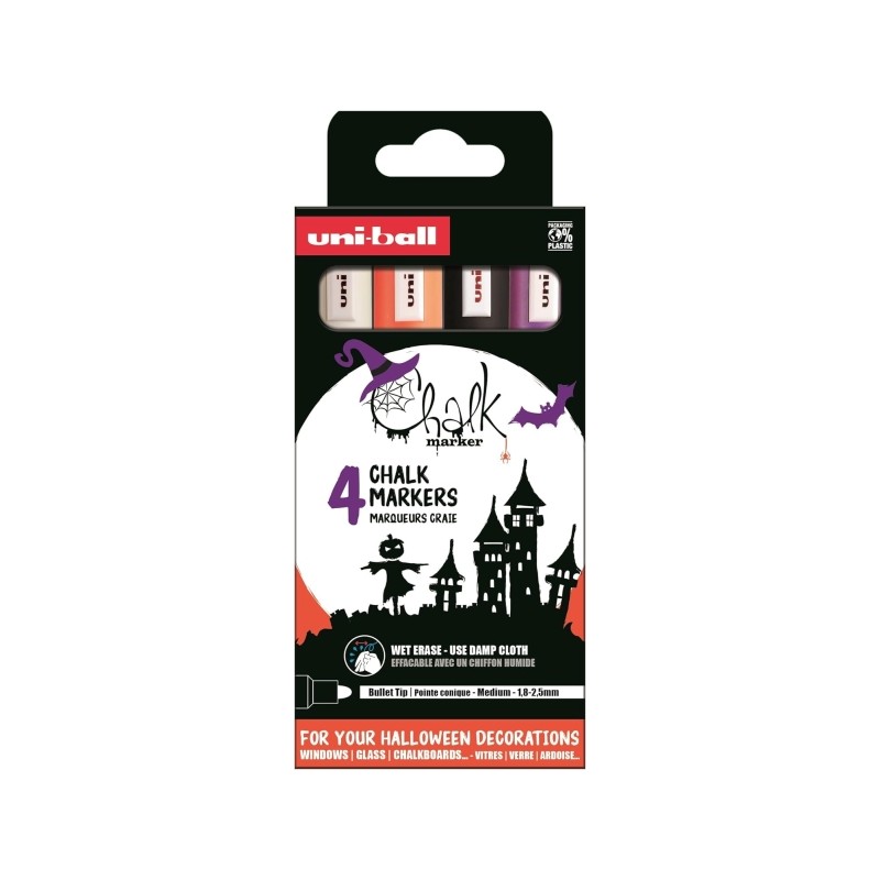 Uni-ball Chalk - Confezione da 4 pennarelli a gesso liquido a tema Halloween - Punta conica da 1.8-2.5 mm - Cancellabili