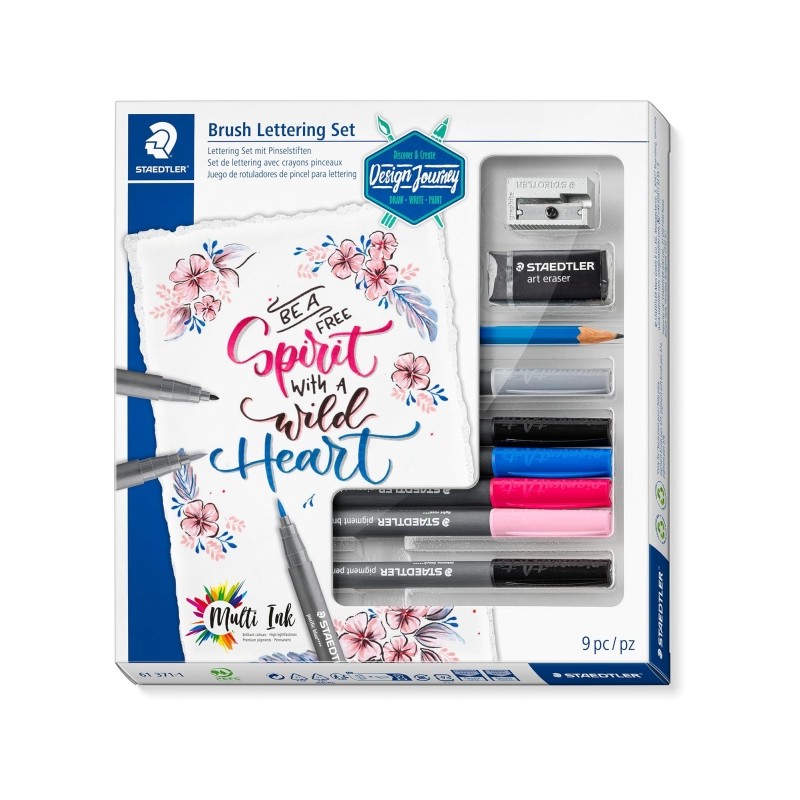 Staedtler Brush Lettering Design Journey Pack con 6 pennarelli Pigment Art per lettering in colori assortiti. matita. go