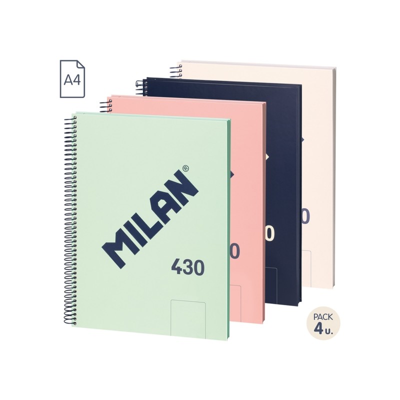 Milan 430 Since 1918 Confezione da 4 quaderni A4 con spirale - Fogli bianchi - 80 fogli da 95 g - Copertina rigida - Col