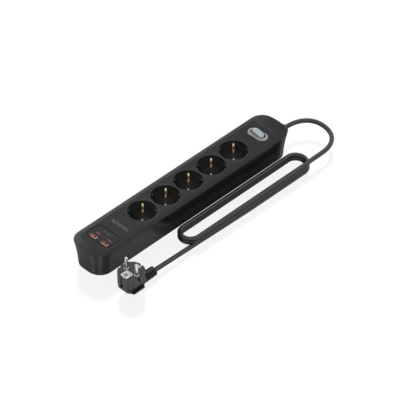Aisens Multipresa con 5 prese Schuko - 2xUSB-C - 2xUSB-A - Cavo da 1.4 m - Interruttore con indicatore LED - Power Deliv