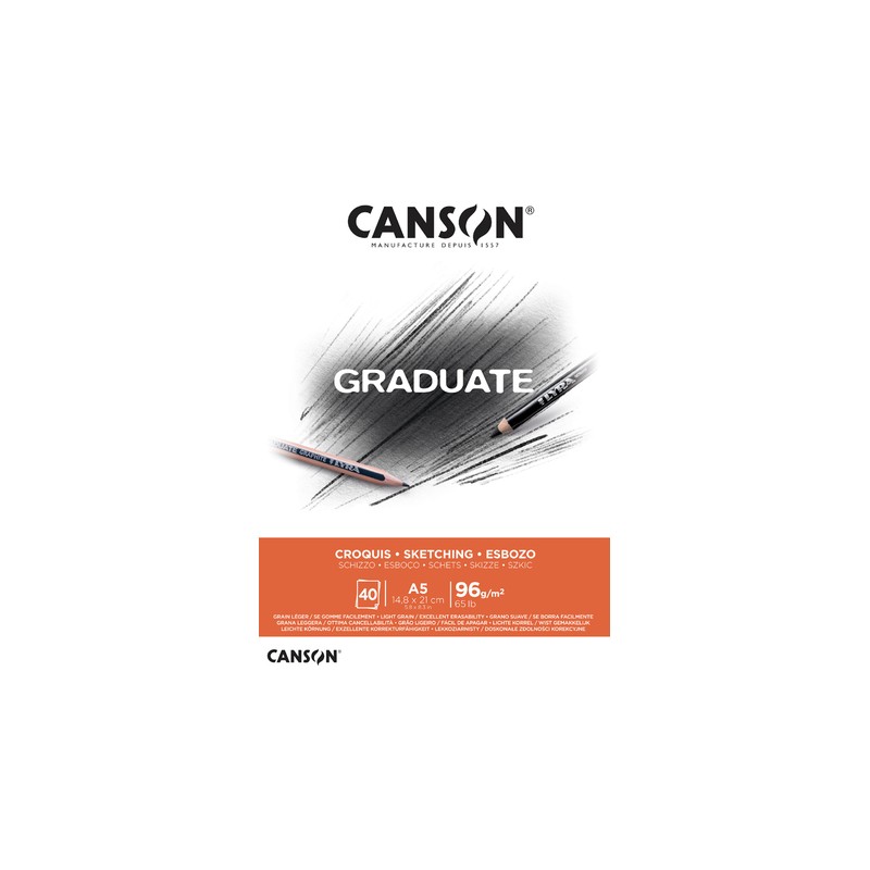 Blocco da disegno Canson Graduate incollato. 40 fogli. formato A5 - 96 g - grana fine - colore bianco